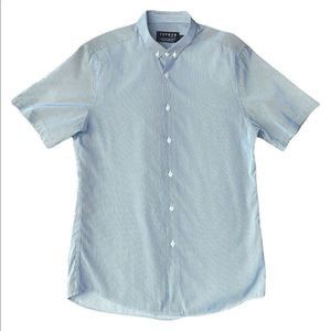 TOPMAN Men’s Large Short Sleeve Button Down White and Blue Pin Striped Shirt